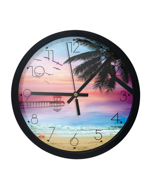 Wall Clocks Battery Operated 10inch, Beach Palm Tree Modern Large Silent Wall Clock Decor for Living Room,Bathroom,Kitchen,Bedroom, Sunset Sea Ocean Scenery Indoor Outdoor Round Wall Decorative