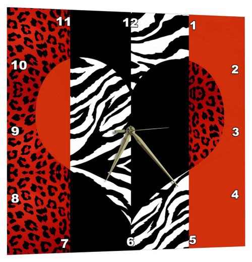 3dRose Red, Black, Orange and White Animal Print - Leopard and Zebra Heart - Wall Clock, 13 by 13-Inch (DPP_35439_2)