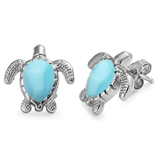 Natural Larimar Turtle Stud .925 Sterling Silver Earrings