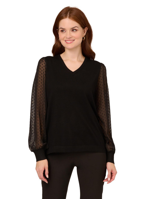 Adrianna Papell Women's Clip Dot Long Sleeve Sweater, Black