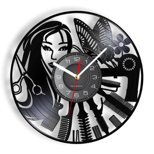 IUPPA 30Cm Vinyl Record Wall Clock Barber Shop Sign Silent Haircutting Wall Clock Hairdressing Beauty Salon Design Vinyl Record Clock Watch Barber Shop Wall Decor