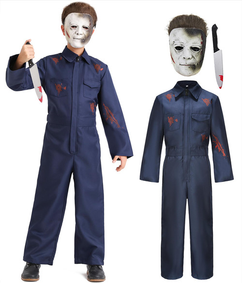 RAAIBB Kids Michael Myers Costume with Blood Mask Knife Boys Halloween Costume Jumpsuit Coverall Scary Horror Killer Cosplay RA028XXL