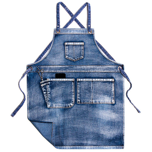 FMSBSC Professional Chef Apron - Premium Washed Denim, Chef Apron Adjustable Crossback Strap with Tool Apron Work Apron,Blue