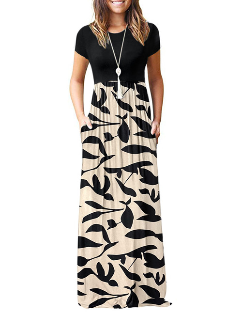 AUSELILY Women Short Sleeve Loose Plain Casual Long Maxi Dresses with Pockets(M, Black Leaf)