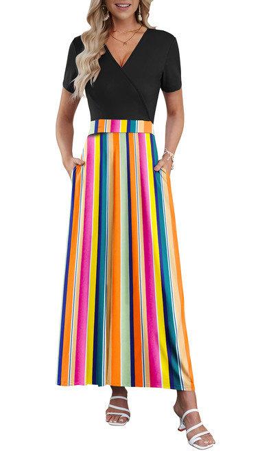 AUSELILY Maxi Dresses for Women Ankle Length Floral Print Beach Long Flowy Dress with Pockets(L,Black Rainbow Stripe)