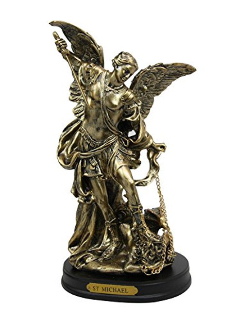 8 inches Tall Catholic Saint Archangel Michael Slaying Lucifer Decorative Figurine w/ wooden Base & Brass Name Plate