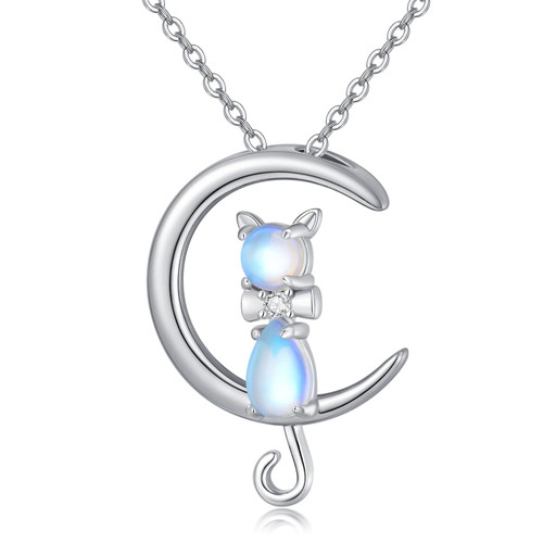 PLATYCO Crescent Moon Cat Necklace 925 Sterling Silver Cat Moonstone Pendant Cute Cat Jewelry Gift for Women Girls PLATYCO Crescent Moon Cat Necklace 925 Sterling Silver Cat Moonstone Pendant Cute Cat Jewelry Gift for Women Girls