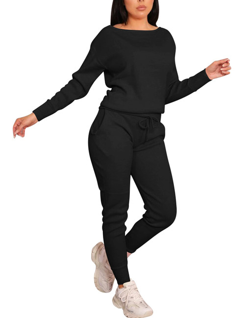 VASAUGE Women's Workout 2 Piece Tracksuit Outfits Long Sleeve Tops Track Sweat Suits Jogger Pants Sets Sweatsuit, Large, Black