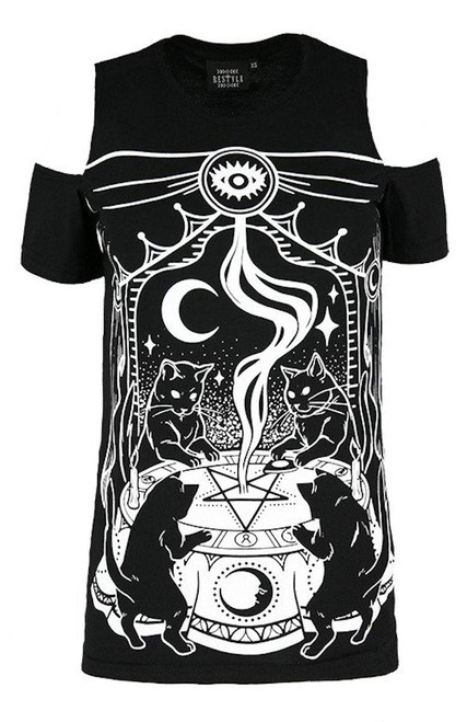 Restyle Cat Sabbath Wicca Witchcraft Cold Shoulder Top T-Shirt - (M) Black