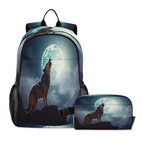 PJXTH Howling Wolf Moon Night Backpack for Kids Junior High Elementary Bookbag Backpack Set with Lunch Bag for Teens Kids Boys Girls PJXTH Howling Wolf Moon Night Backpack for Kids Junior High Elementary Bookbag Backpack Set with Lunch Bag for Teens Kids Boys Girls