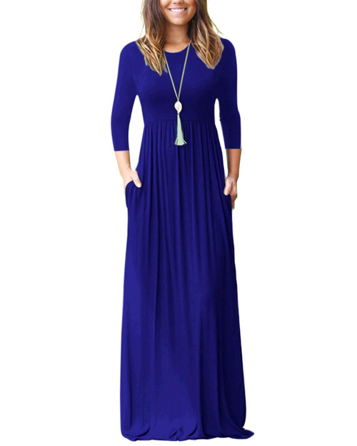 WNEEDU Women's 3/4 Sleeve Solid Color Loose Casual Long Maxi Dresses with Pockets (L, Royal Blue)