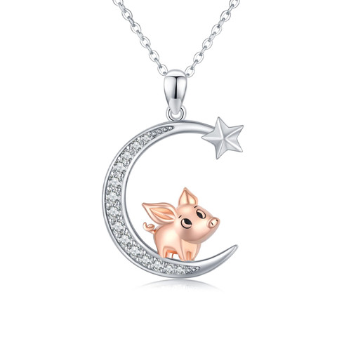 ECHOOY Pig Necklace 925 Sterling Silver Cute Pig Crescent Moon Star Pendant Necklace Cute Animal Necklace Pig Jewelry for Women Girl Teens Daughter
