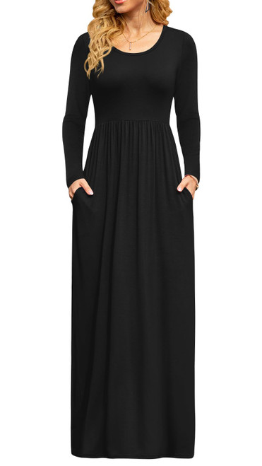 DB MOON Women Casual Long Sleeve Black Maxi Dresses Empire Waist Long Dress with Pocket L