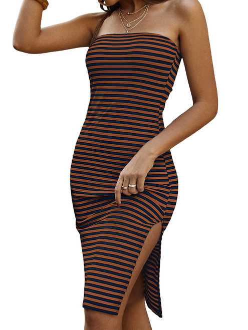 SOLY HUX Women's Strapless Striped Tube Dresses Casual Summer Sun Dress Split Thigh Bodycon Midi Dresses Brown and Black Large