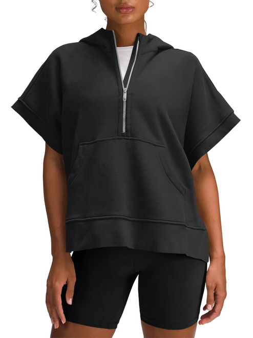 Fisoew Womens Oversized Half Zip Hoodies Short Sleeve Casual Sweatshirts Pullover Tops with Pockets Black