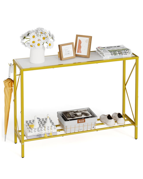 Teraves Narrow Console Table, 42" Entryway Table with Shelf, Small Sofa Table Couch Table Behind Sofa, Accent Table Hallway Table Foyer Table for Living Room, Entrance (White+Gold)