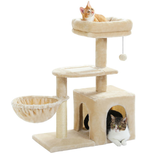 PETEPELA Cat Tree for Small Indoor Cats, Plush Cat Tower with Large Cat Condo, Deep Hammock and Sisal Cat Scratching Post for Kittens Beige