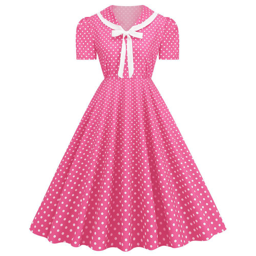 Women Notch Lapel Bow Tie Neck 1950s Retro Vintage Cocktail Party Swing Dress Short Sleeve 50s Polka Dot Dress Bowknot Audrey Hepburn Dress Fit and Flare A Line Rockabilly Dresses Hot Pink-Bowknot XXL