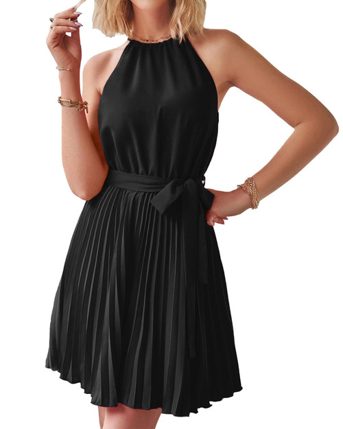 BTFBM Women 2024 Summer Casual Halter Neck A-Line Dress Sleeveless Belted Swing Pleated Cocktail Party Beach Mini Dresses(Solid Black, Medium)