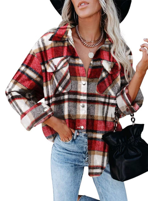 ZOLUCKY Women's Plaid Shacket Casual Oversized Button Down Flannel Shirts Jacket Coat, Red Small