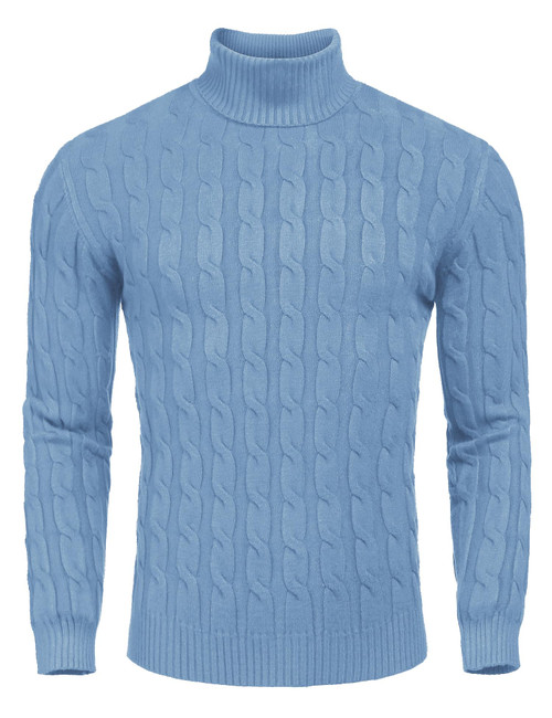 COOFANDY Men's Slim Fit Turtleneck Sweater Casual Twisted Knitted Pullover Sweaters Light Blue