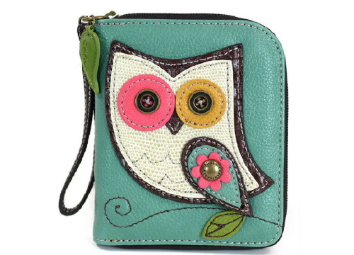 CHALA Zip Around Wallet, Wristlet, 8 Credit Card Slots, Sturdy Pu Leather - Owl - Teal