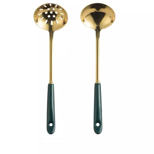 Strainer Scoops Soup Ladle Spoon Set Hotpot Soup Ladle Funnel Set Household Stainless Steel Spoon (Color : Green, Size : 27.5x7.5cm)