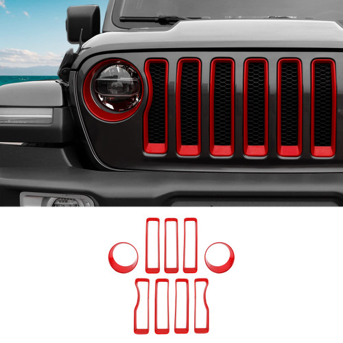 SQQP Mesh Grille Grill Insert+Headlight Turn Light Cover Trim Compatible with 2018-2023 Jeep Wrangler JL JLU (Red)