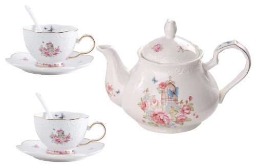 YBK Tech Strength Porcelain Coffee Pot Ceramic Teapot- Pink Rose (Teapot+ 2 sets of cup and saucer)