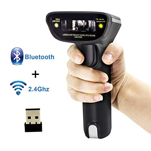 Bluetooth Wireless Barcode Scanner and USB Wired 1D Laser Digital Handheld Bar Code Reader with Automatic Continuous Scan and Inventory Memory for Computer Ipad iPhone Mac Android Windows
