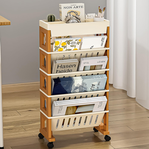 5 Tier Book Rack Storage Bookshelf, Mobile Bookshelf with Wheels, Removable Movable Unique Bookcase, Rolling Book Cart, Bookshelves for Students Study in Dorm Classroom Living Room School(CreamYellow)