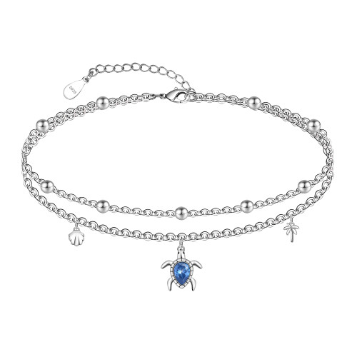 CHIC & ARTSY Sea Turtle Anklet 925 Sterling Silver Sea Turtle Anklet Blue Cz Turtle Anklet Cute Turtle Anklets for Women Beach Layered Ankle Bracelets Adjustable Animal Anklet Bracelet