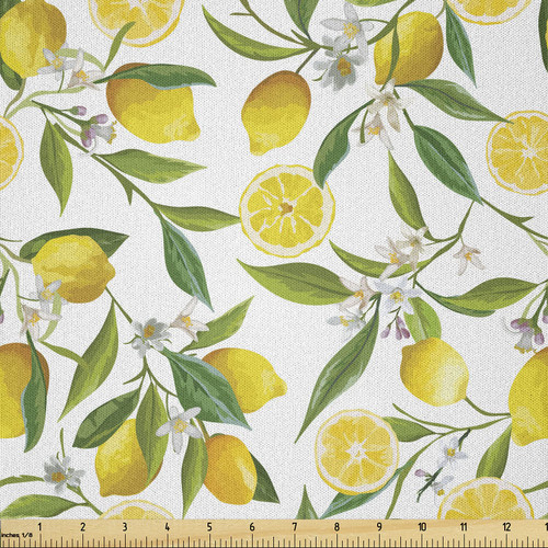 Ambesonne Nature Fabric by The Yard, Exotic Lemon Tree Branches Yummy Delicious Kitchen Gardening Design, Microfiber Fabric for Arts and Crafts Textiles & Decor, 3 Yards, Fern Green
