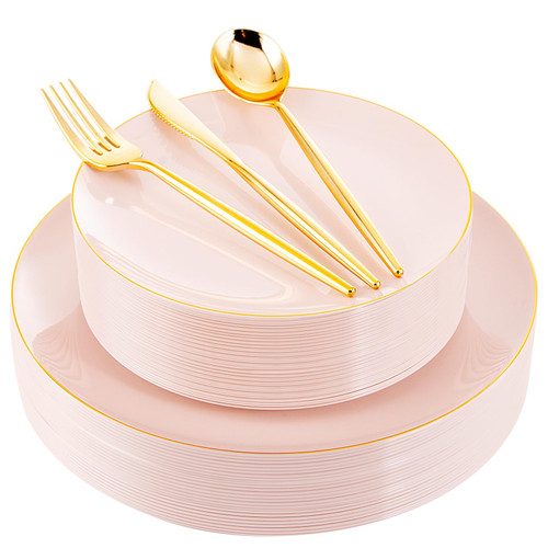 I00000 150Pcs Pink Plastic Plates, Heavy Duty Gold Rimmed Plastic Plates with Gold Plastic Silverware for 30 Guests, Pink and Gold Disposable Dinnerware Perfect for Wedding, Party & Easter