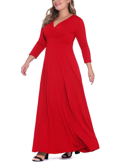 POSESHE Women's Solid V-Neck 3/4 Sleeve Plus Size Evening Party Maxi Dress Red X-Large