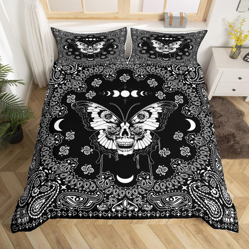 Death Gothic Moth Bedding Set Full Size Kids Teens Mandala Paisley Floral Duvet Cover Set 3pcs for Girls Boys Home Room Decor Sugar Skull Moon Comforter Cover Black White Quilt Cover,2 Pillowcases