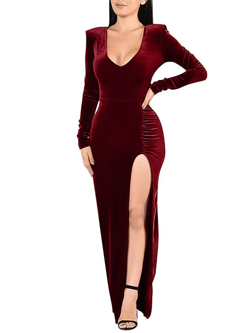 ZileZile Women's Sexy Bodycon Velvet Long Sleeve Deep V Neck High Slit Evening Gown Party Maxi Dresses WineRed ZileZile Women's Sexy Bodycon Velvet Long Sleeve Deep V Neck High Slit Evening Gown Party Maxi Dresses WineRed