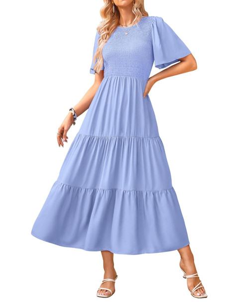 KIRUNDO Casual Summer Dresses for Women 2024 Flutter Short Sleeve Midi Dress Smocked Modest Church A Line Flowy Ruffle Tiered Dress Resort Wear(Large, Light Blue)