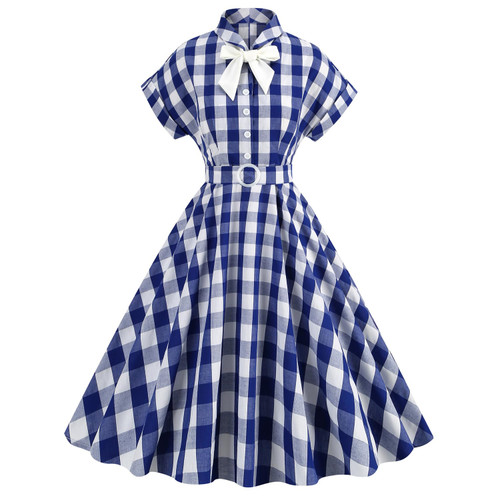 Bow Tie Neck Blue and White Plaid Dress for Women Notched Lapel Short Sleeve 50s Vintage Cocktail Swing Dress with Belt Retro 1950s Audrey Hepburn Rockabilly Prom Dress Flare A Line Blue White Dress M