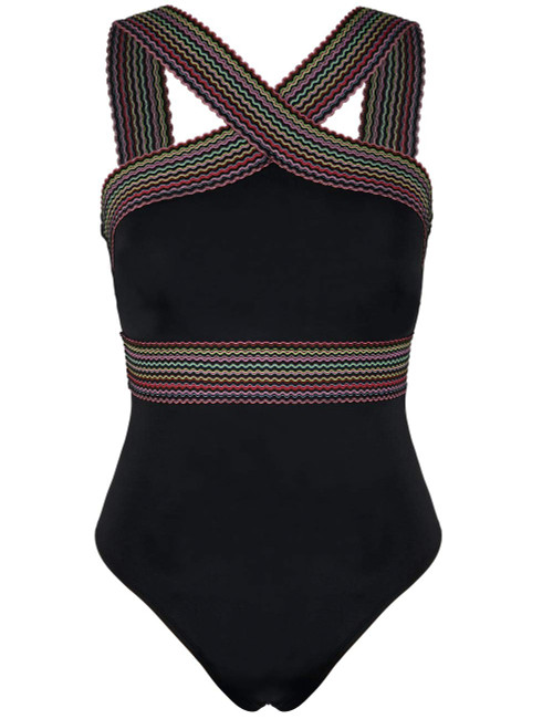 Hilor Women's One Piece Swimwear Front Crossover Swimsuits Hollow Bathing Suits Monokinis Black Stripes L/US10-12