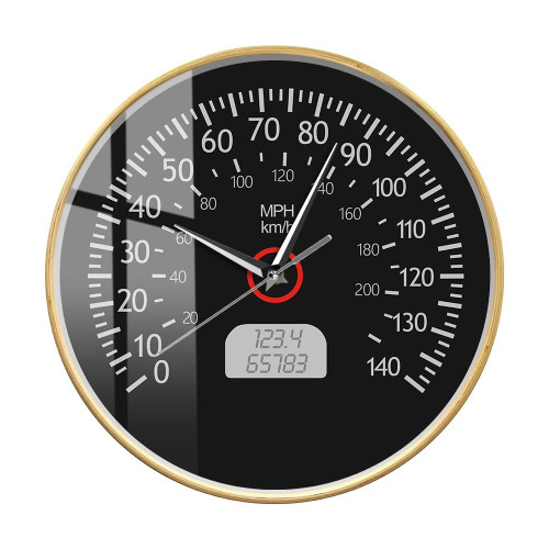 Timethink 12'' Speedometer Kilometers and Miles Wood Wall Clock - Silent Non Ticking Battery Operated Racing Mechanics Wall Art Clock - Black Car Dashboard Analog Round Garage Wall Clock for Man Cave