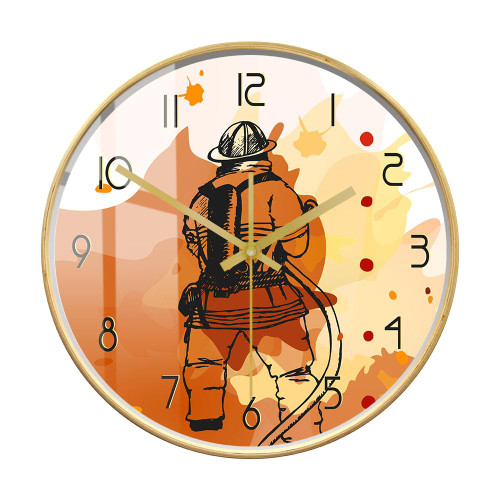 Timethink 12'' Firefighter Wood Round Wall Clock - Silent Quartz Non Ticking Battery Operated Wall Clock Watch Fire Department Sign Wooden Wall Clock Watch for Man Cave Firemen First Responders Gift
