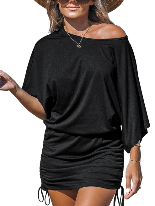 CUPSHE Women's Mini Dress Round Neck Long Dolman Sleeve Drawstring Ruched Bodycon Jersey Summer Dress Black, M