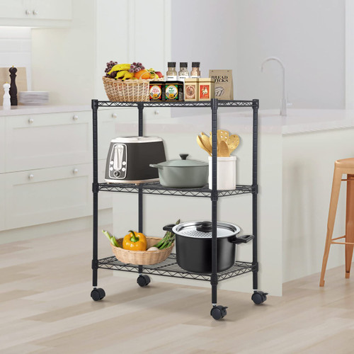 HKLGorg 3-Tier Wire Shelving with Wheels, Heavy Duty Wire Shelving Unit Garage Organizer Shelf Storage Shelf Rolling Organizer Cart with Adjustable Shelf Metal Shelf for Garage Bathroom, Black