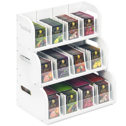 SPOPSOOD Bamboo Tea Bag Organizer, 3-Tier Tea Bag Holder Storage Organizer, Stackable Tea Packet Rack/Shelf, Tea Station Stand with Acrylic Partition for Counter, Cabinet and Pantry-White SPOPSOOD Bamboo Tea Bag Organizer, 3-Tier Tea Bag Holder Storage Organizer, Stackable Tea Packet Rack/Shelf, Tea Station Stand with Acrylic Partition for Counter, Cabinet and Pantry-White