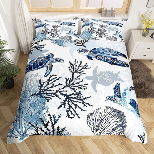 Turtle Bedding Set Queen Size for Kids Boys Girls Teens Ocean Beach Decor Comforter Cover Nautical Coastal Duvet Cover, Cute Blue Sea Reptile Tortoise Bedding Bedspread Cover with 2 Pillowcase, Soft