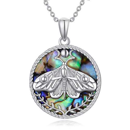 PELOVNY Triple Moon Goddess Amulet Necklace Sterling Silver Moth Necklace Abalone Shell Wiccan Jewelry for Women