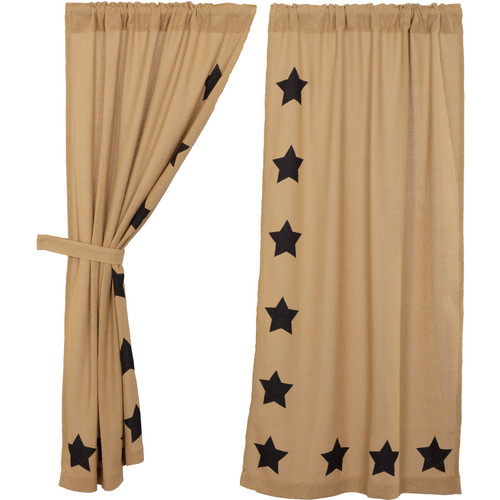 VHC Brands Burlap Natural with Black Stars Primitive 63"x36" Panel Pair Tan Rod Pocket Stenciled Cotton Tie Back(s) Window Curtains VHC Brands Burlap Natural with Black Stars Primitive 63"x36" Panel Pair Tan Rod Pocket Stenciled Cotton Tie Back(s) Window Curtains
