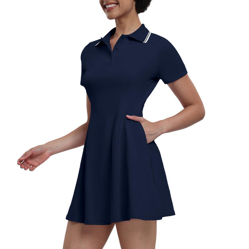 GGOV Womens Tennis Dresses Golf Dress Short Sleeve with Shorts Workout Athletic Dress(Navy Blue,Small)