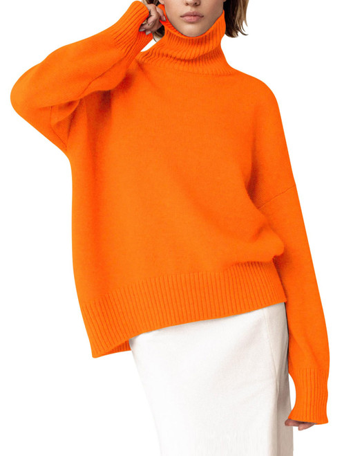 YKR Women's Turtleneck Sweater Chunky Long Sleeve Knitted Pullover High Low Hem Trendy 2023 Fall Winter Basic Jumper Top Orange S